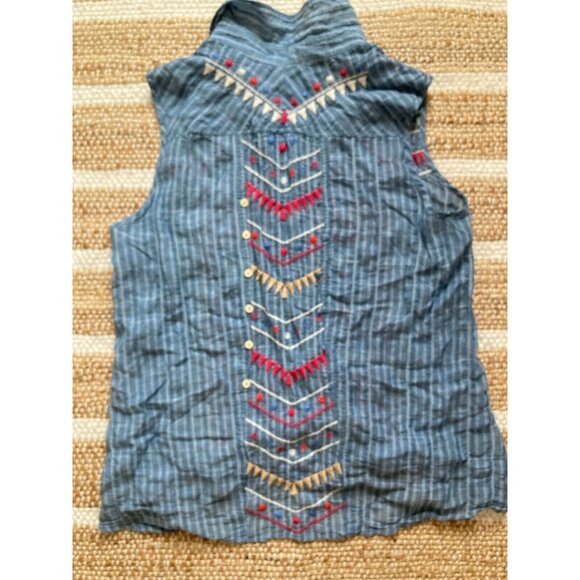 Johnny Was 3J Workshop Embroidered Blue Striped Western Sleeveless Button Down M - Picture 4 of 4